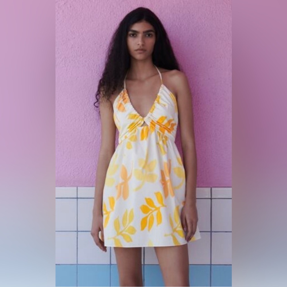 Zara Orange and Yellow Mini Halter Dress